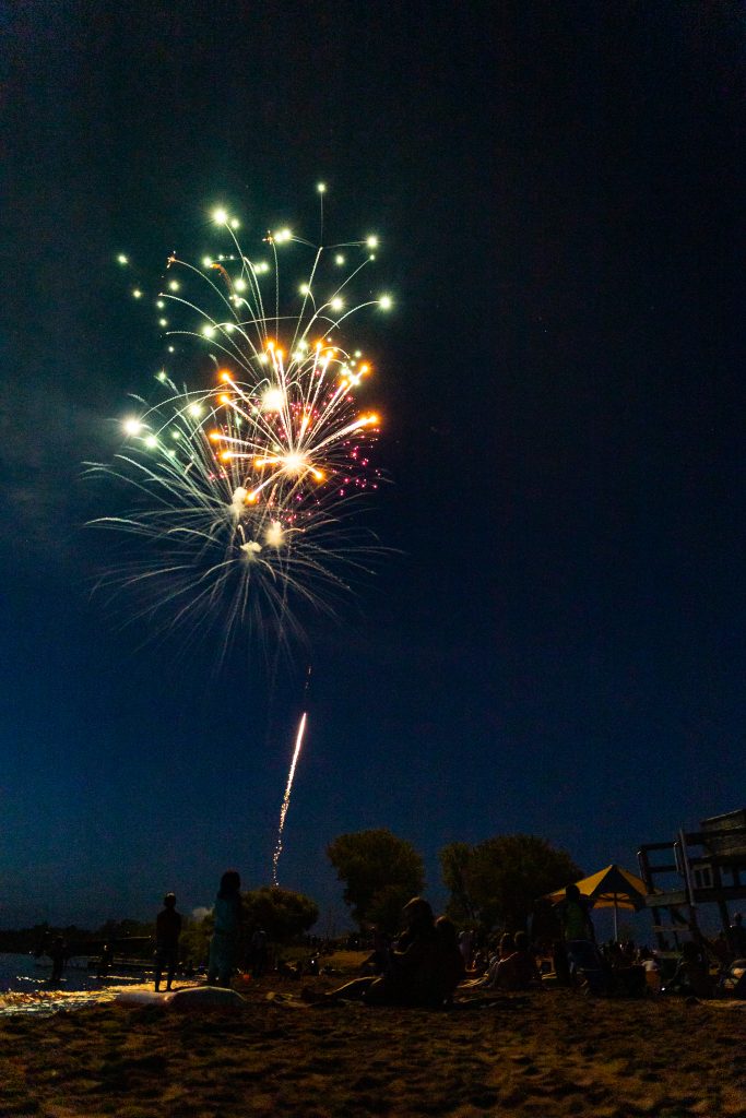 fireworks over the beach at Lake Waconia